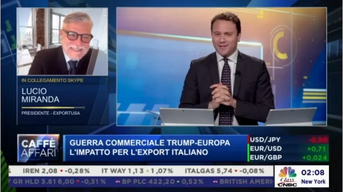 Gualtiero Lugli di Class CNBC intervista Lucio Miranda per la trasmissione Caffè Affari sulle trattative sui dazi USA-Europa