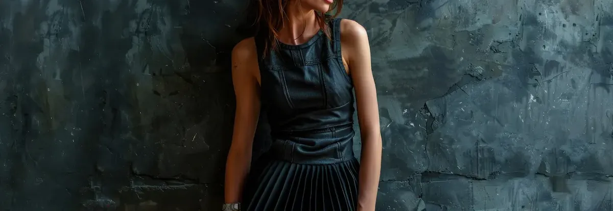 Donna elegante con abito nero e gonna plissettata, appoggiata a parete scura, incarnando lo stile grintoso del brand di moda