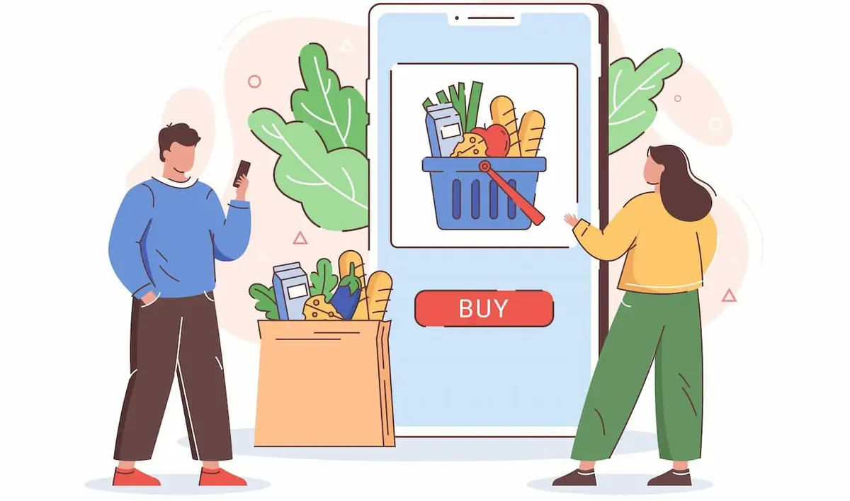 Consumatori che fanno la spesa di generi alimentari su smartphone, evidenziando il trend dell'acquisto digitale