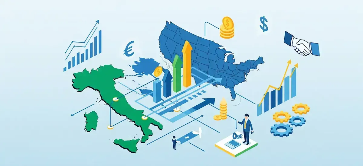 Rappresentazione visiva del supporto SIMEST per l'espansione delle aziende italiane nel mercato americano, con grafici di crescita e valute.