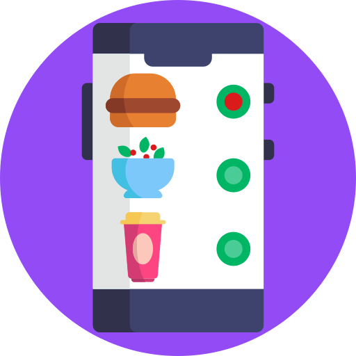Icona di smartphone con diverse opzioni di cibo e marcatori di ordine, rappresentando l'e-commerce alimentare e le scelte di cibo online
