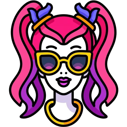 Icona stilizzata di un volto femminile con acconciatura e trucco vibranti in stile anni 2000/Bratz