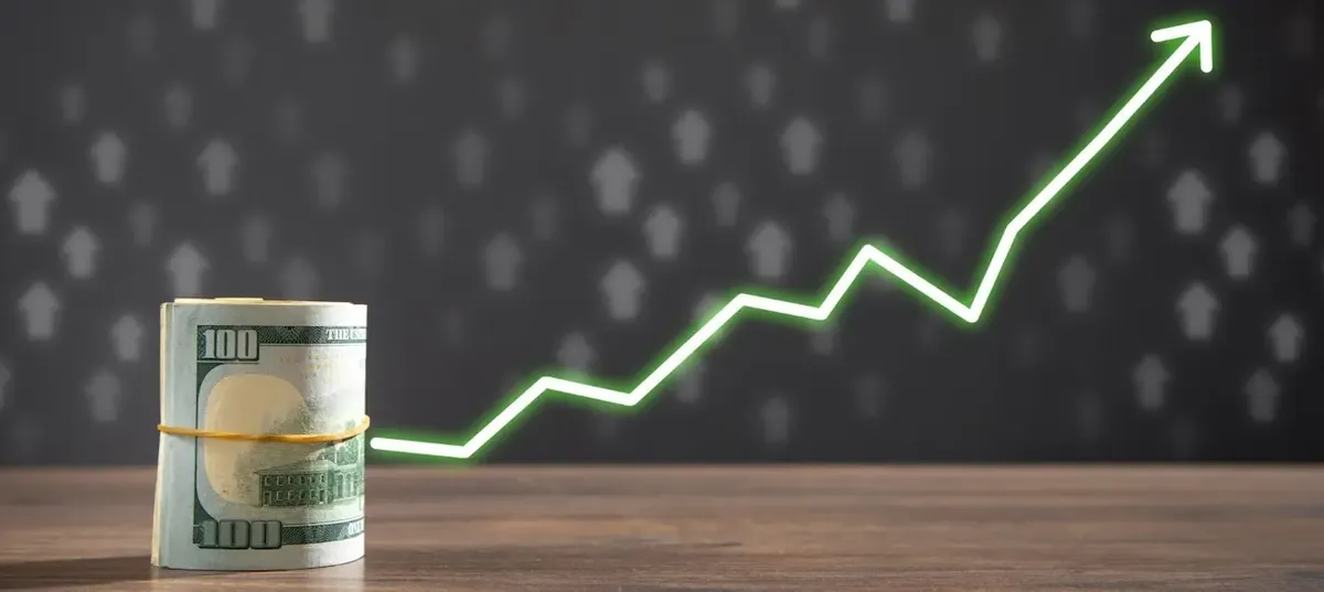 Icona: pianta stilizzata che cresce da una moneta dollaro e grafico a barre in aumento con freccia, simbolo di investimento e successo finanziario