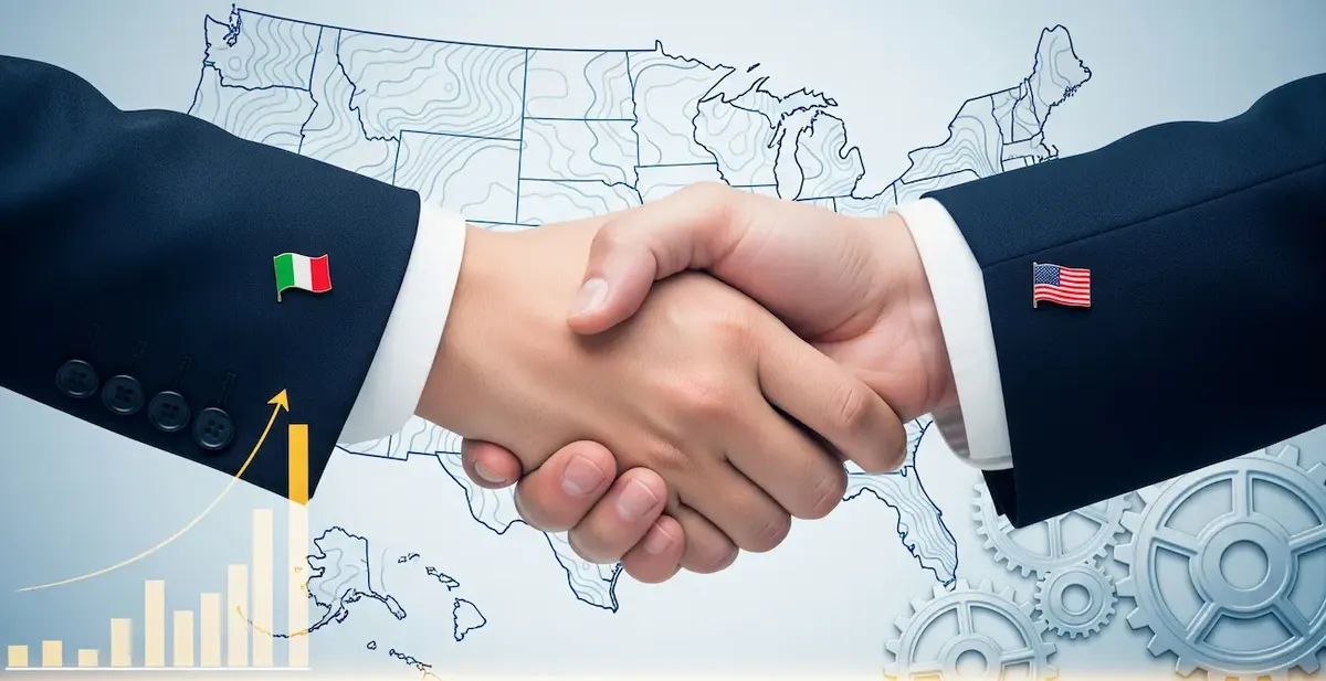 stretta di mano tra due persone che simboleggia l'accordo commerciale tra Italia e Stati Uniti. Sullo sfondo, una mappa degli USA e grafici finanziari